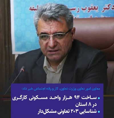 معاون امور تعاون وزارت تعاون، کار و رفاه اجتماعی خبر داد:  ساخت ۹۴ هزار واحد مسکونی کارگری در ۸ استان /  شناسایی ۲۰۳ تعاونی مشکل‌دار